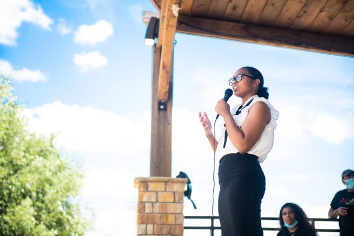 Student during public speech.